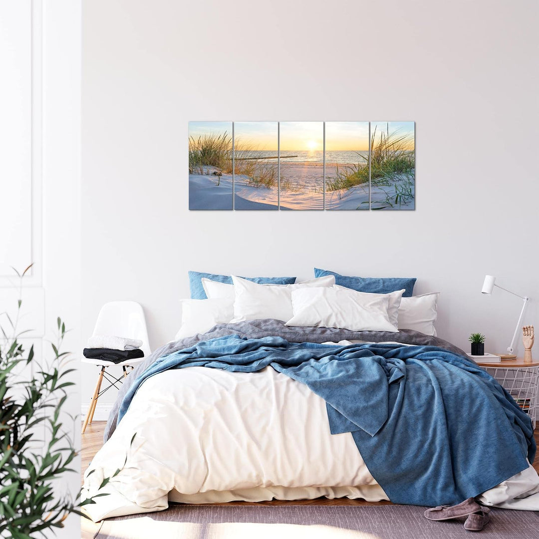 Runa Art Bild Strand Sonnenuntergang Wandbilder auf Vlies Leinwand 5 Teilig Wanddekoration Schlafzim