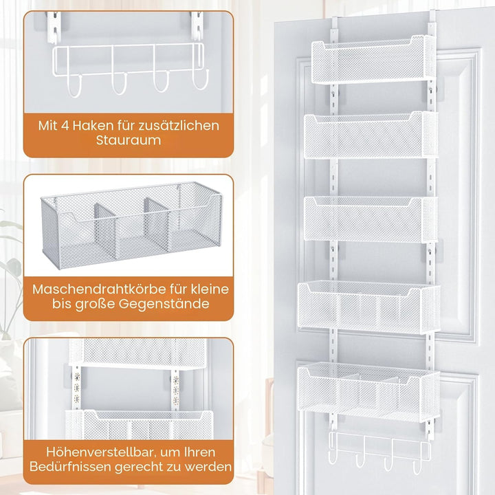 VyGrow Türorganizer, Metall-Türorganizer zum Aufhängen mit 5 verstellbaren Körben und Kleiderhaken,