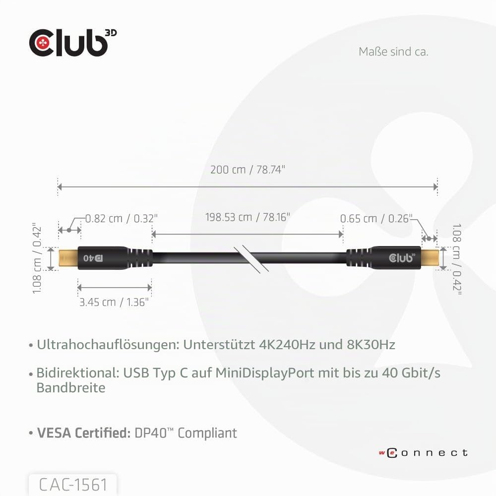 Club3D CAC-1561 USB Typ-C auf MiniDisplayPort DP40 bidirektionales VESA zertifiziertes Kabel 2m, CAC
