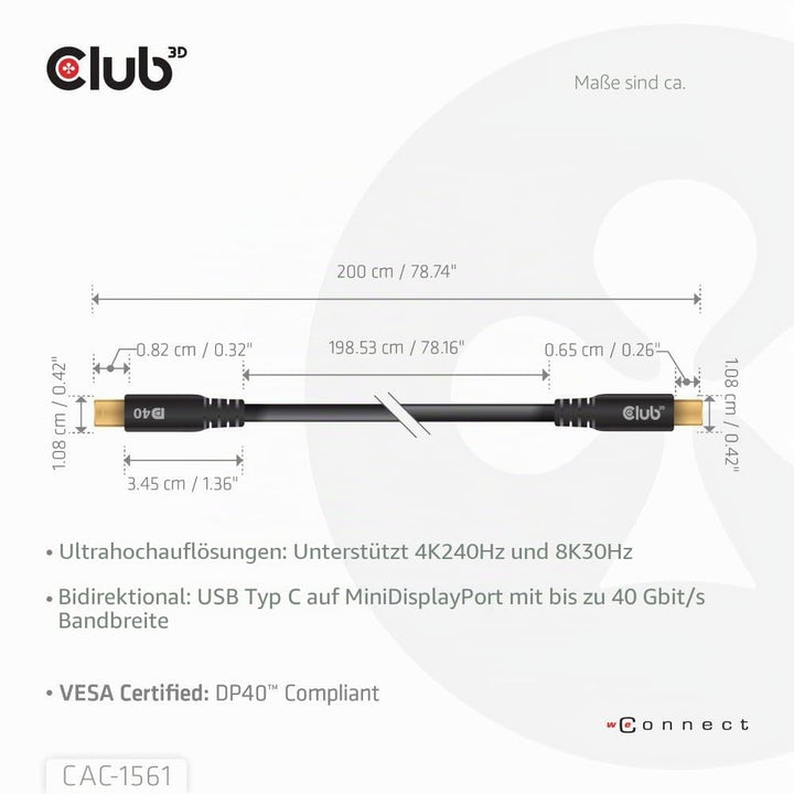 Club3D CAC-1561 USB Typ-C auf MiniDisplayPort DP40 bidirektionales VESA zertifiziertes Kabel 2m, CAC