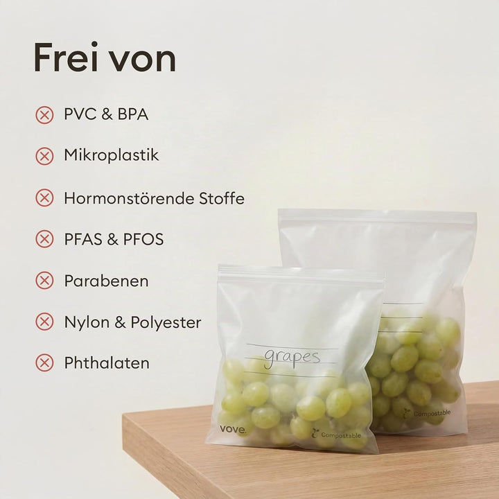Vove kompostierbare Gefrierbeutel mit luftdichtem Zip-Verschluss, 1 L, 30 Stück - PFAS-frei, BPI-zer