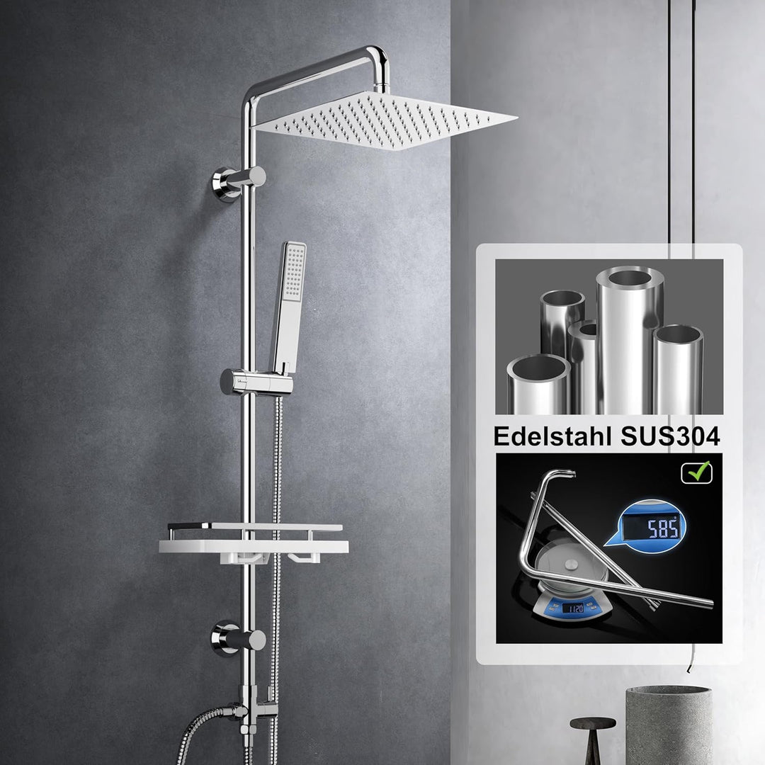 Görbach Regendusche Duschsystem mit Ablage Duschset ohne Duscharmatur Chrom (20x20) YT-2020CP-Ablage