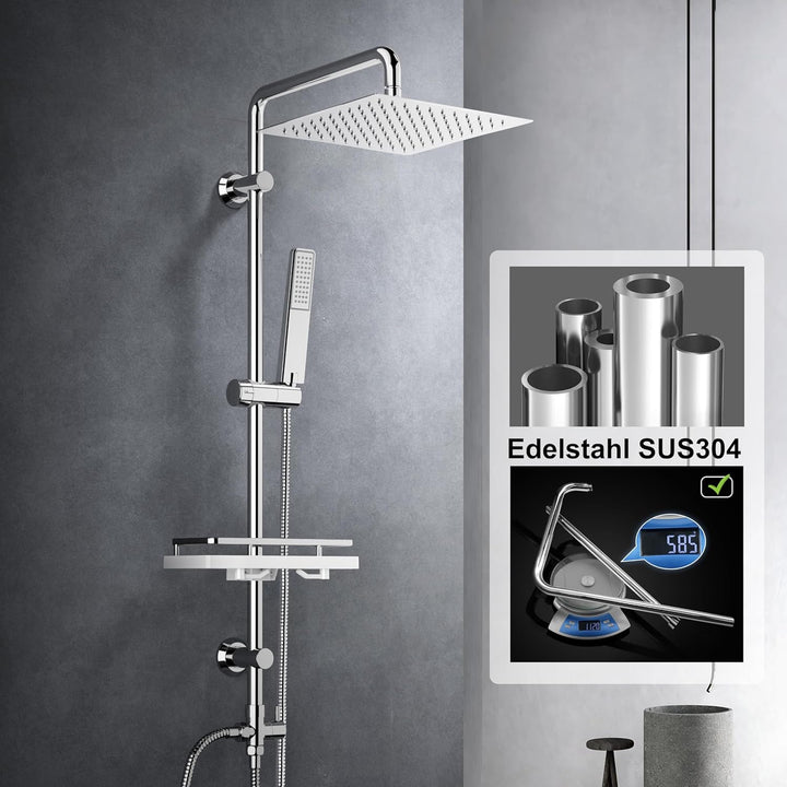 Görbach Regendusche Duschsystem mit Ablage Duschset ohne Duscharmatur Chrom (20x20) YT-2020CP-Ablage