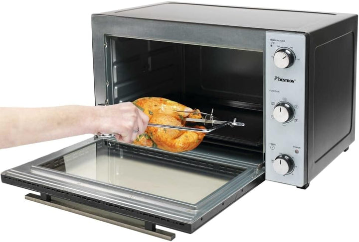 Bestron AOV55 2-in-1 Mini-Backofen mit Drehspiess, 55 Liter, 2000 W, Edelstahl, Schwarz 55 Liter Min