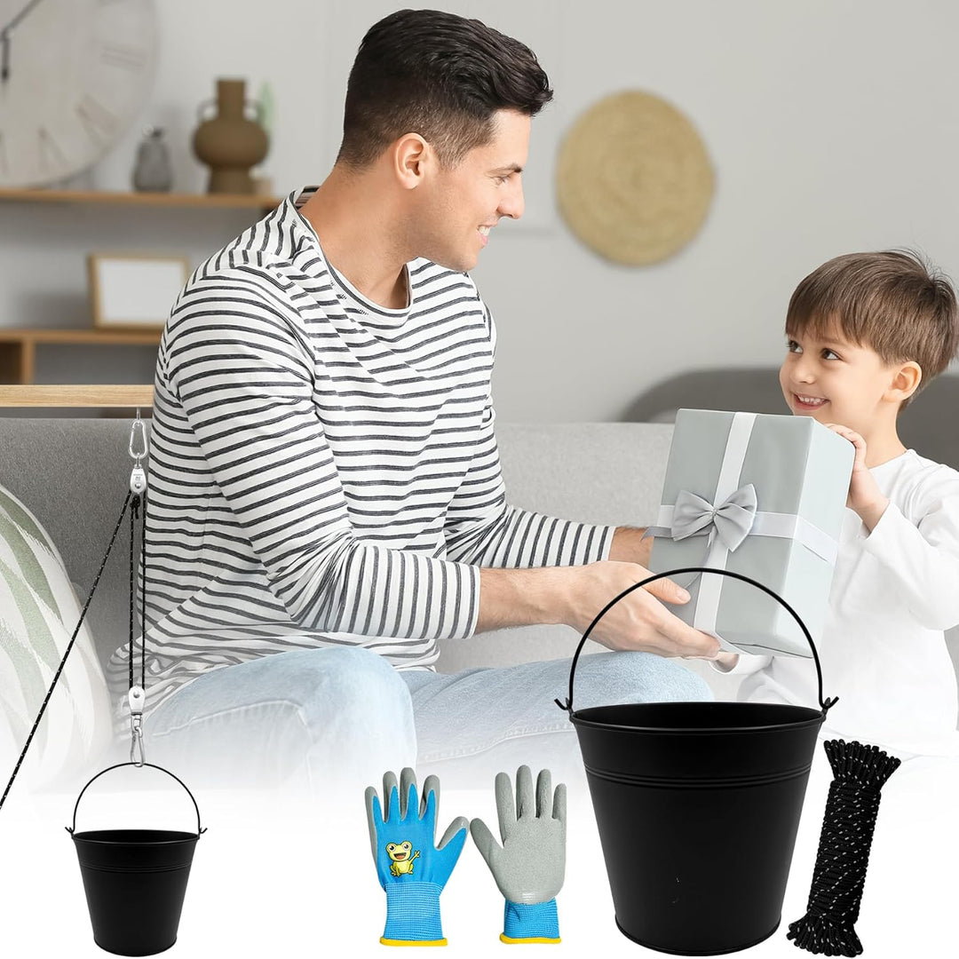 TZEKING Flaschenzug Kinder,Flaschenzug mit 2 Metalleimer,Riemenscheibe mit Eimerkabel,Zubehör fürs B