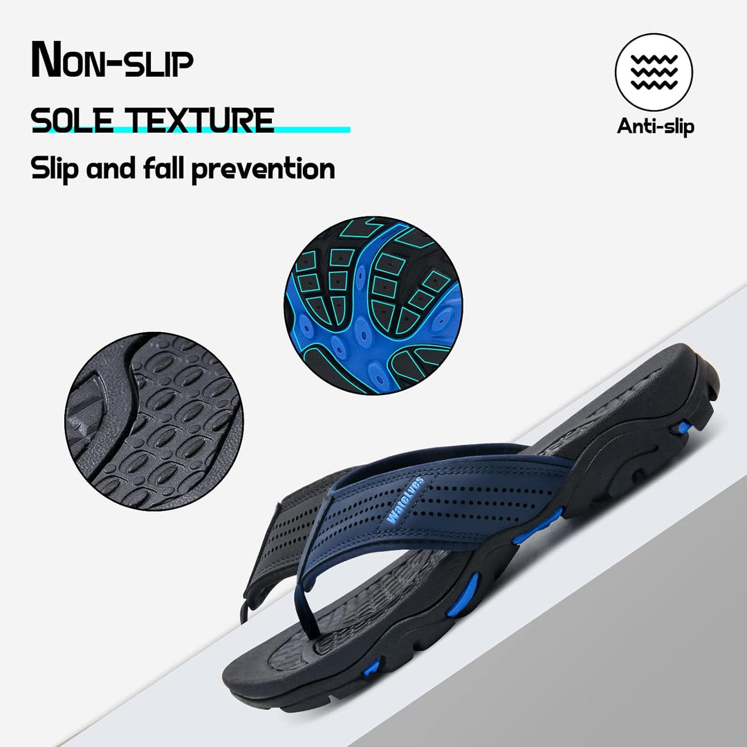 WateLves Herren Flip Flops Zehentrenner Leder mit Arch Support Sandalen Weich Leder Stoff Badelatsch