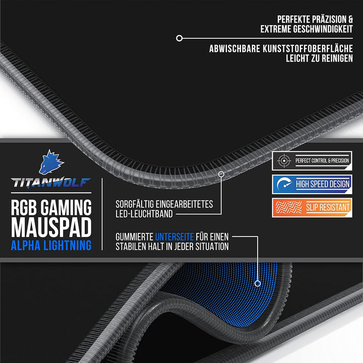 Titanwolf - XXXL RGB Gaming Mauspad – 1200 x 600 mm - Mousepad - LED Multi Color - 7 LED Farben Plus
