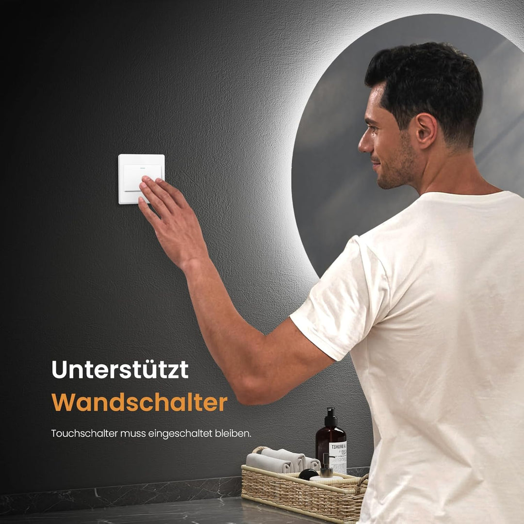 EMKE Badspiegel mit Beleuchtung rund 80cm Durchmesser Badezimmerspiegel mit 3 Lichtfarbe dimmbar, An