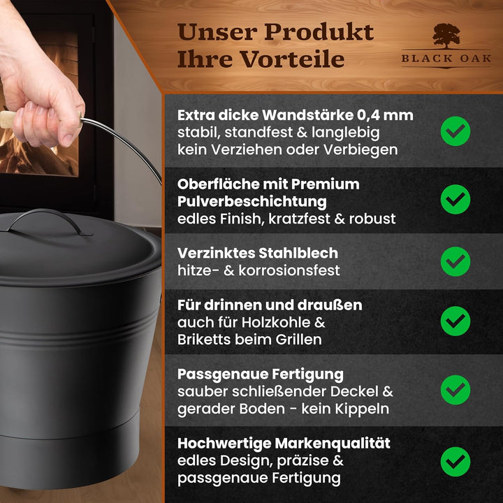 BLACK OAK Ascheeimer LANIN 8L - Asche-Eimer schwarz mit Deckel & Holz-Griff HELL + Feger + Schaufel