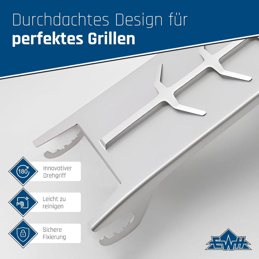 EWH Flammlachsbrett Edelstahl | Mit Wendegriff für müheloses 180° Drehen | Perfekter Halt durch gefo