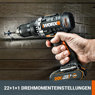 WORX WX372.9 Akku Schlagbohrschrauber 20V - 50Nm, 2-Gang-Getriebe & LED-Licht - zum Schrauben, Bohre