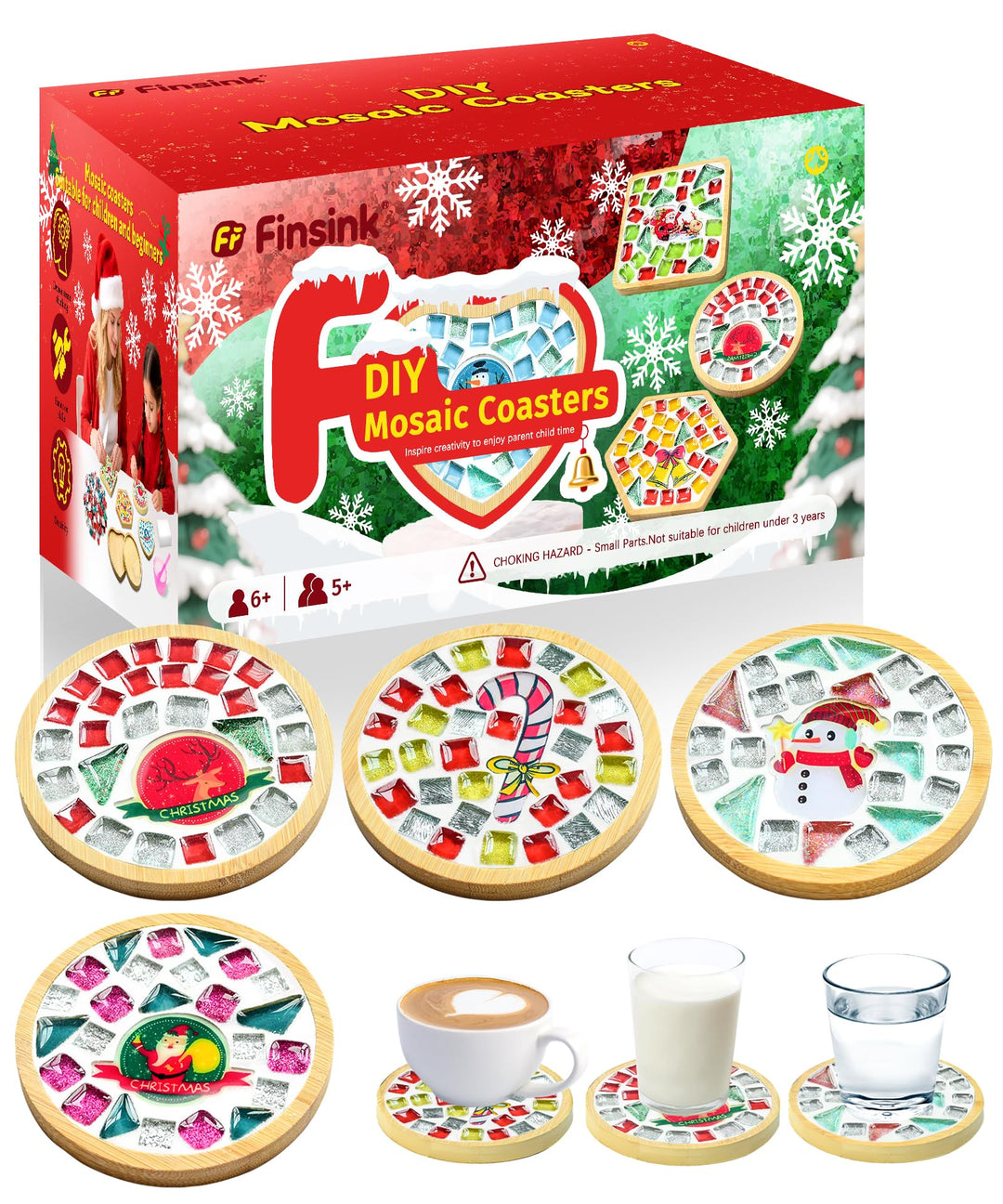 Finsink Mosaik bastelset kinder 4pcs Weihnachten Mosaik Untersetzer Bastelset DIY Holz Untersetzer S