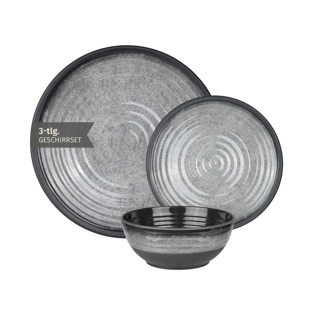 Camping Geschirr Set 1 Person 3-teilig | Melamin | Picknick Geschirrset | Campinggeschirr Stone Grey