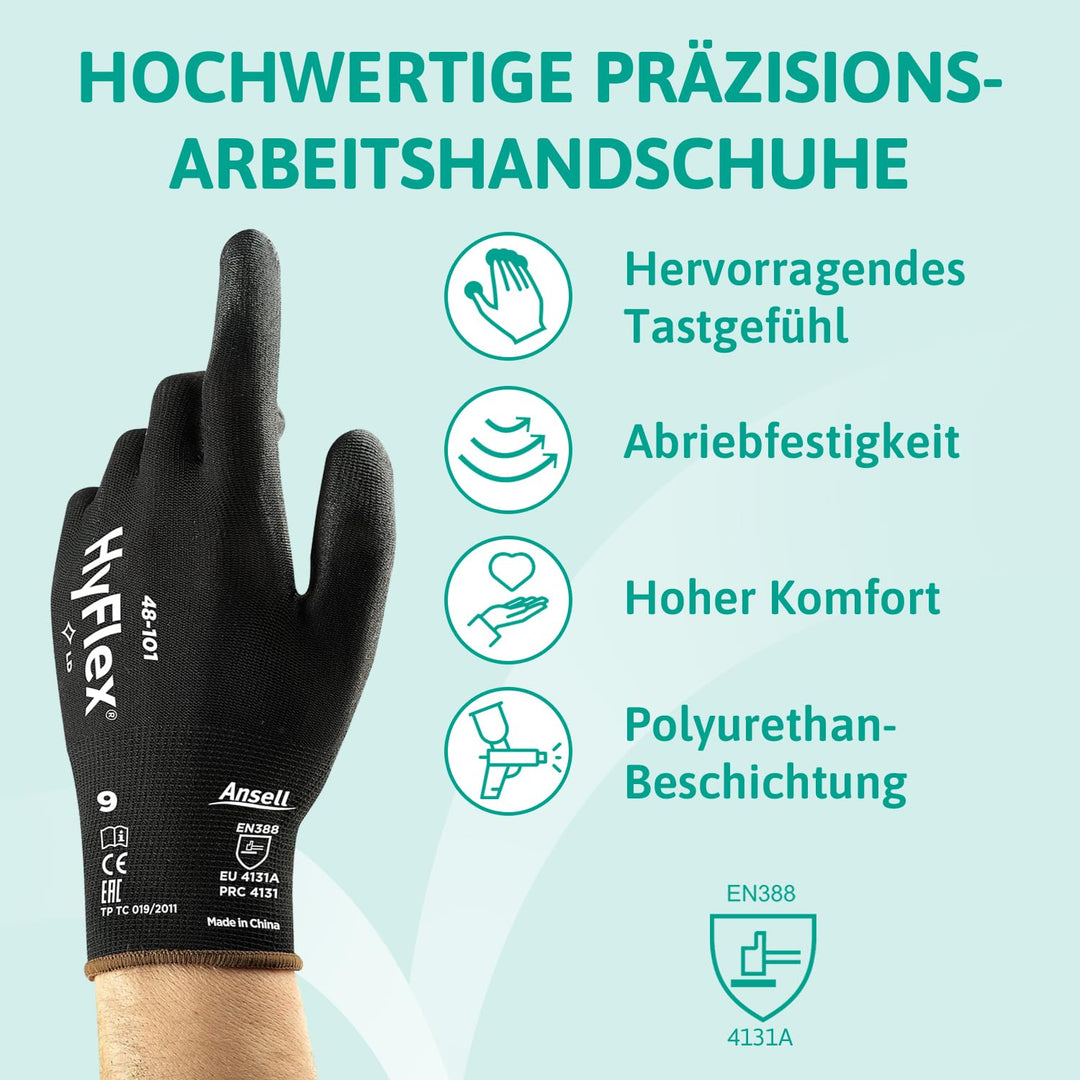 Ansell HyFlex 48-101 Dünne Arbeitshandschuhe mit PU Beschichtung, Leichte Schutzhandschuhe für Präzi