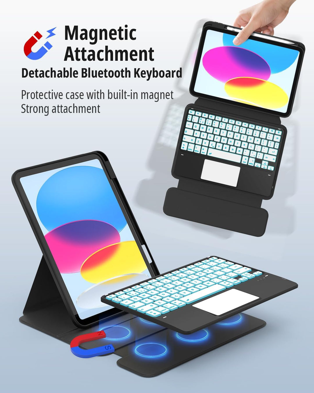 CACOE Drehbare Hülle mit Tastatur für iPad (A16) 11/10 Generation (11/10.9 Zoll) 2025/2022 mit Touch