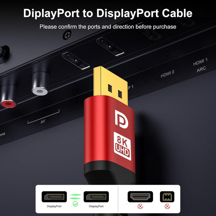 jojobnj 16K 10K 2.1 Displayport Cable, DP Cable 3 m (8K @ 60Hz, 4K @ 144Hz, 2K @ 240Hz,40Gbit) for L
