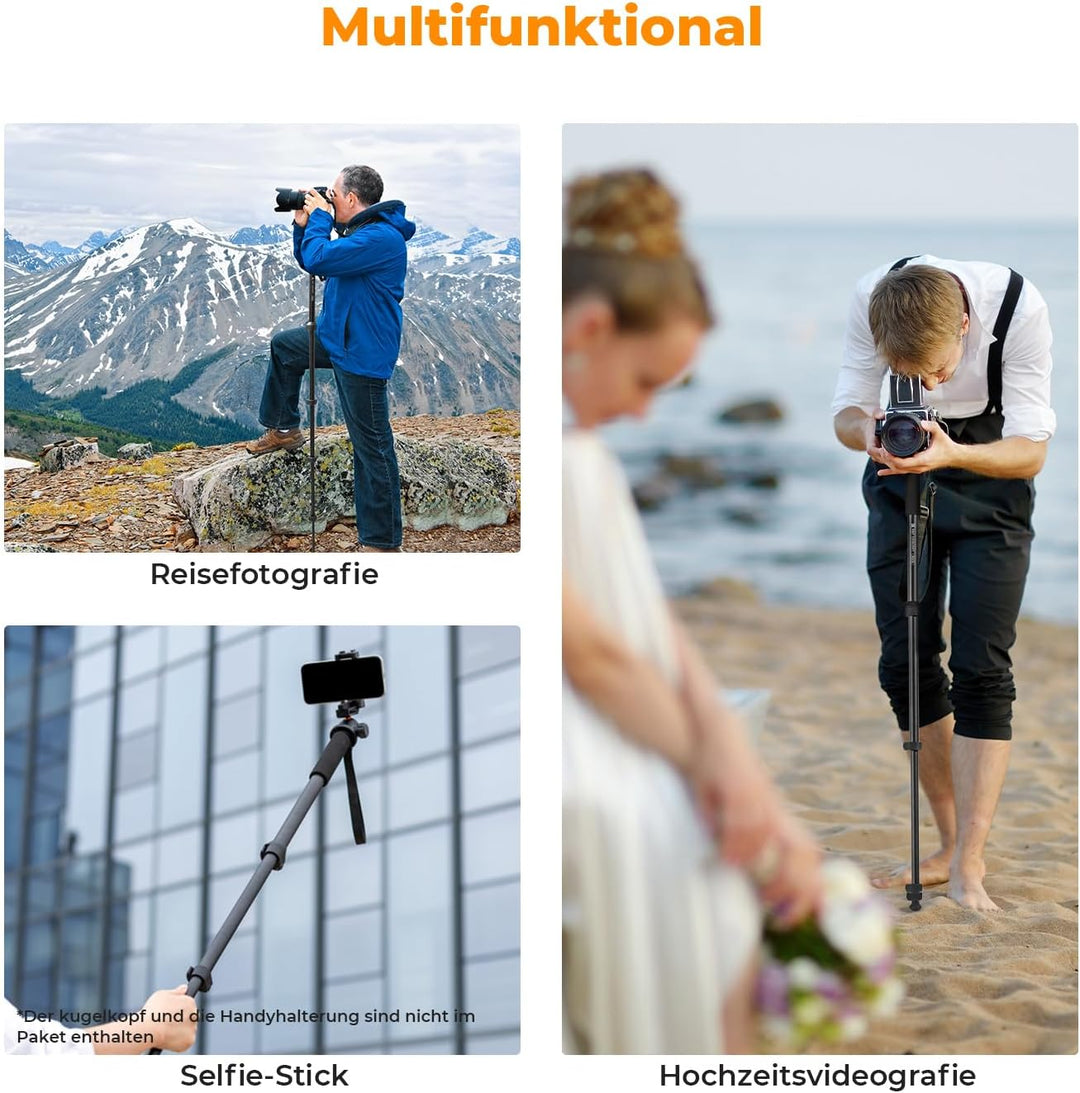 K&F Concept MS16 Einbeinstativ, 63 Zoll Monopod,Stabiles Aluminium-Einbeinstativ mit 5 Sektionen,160