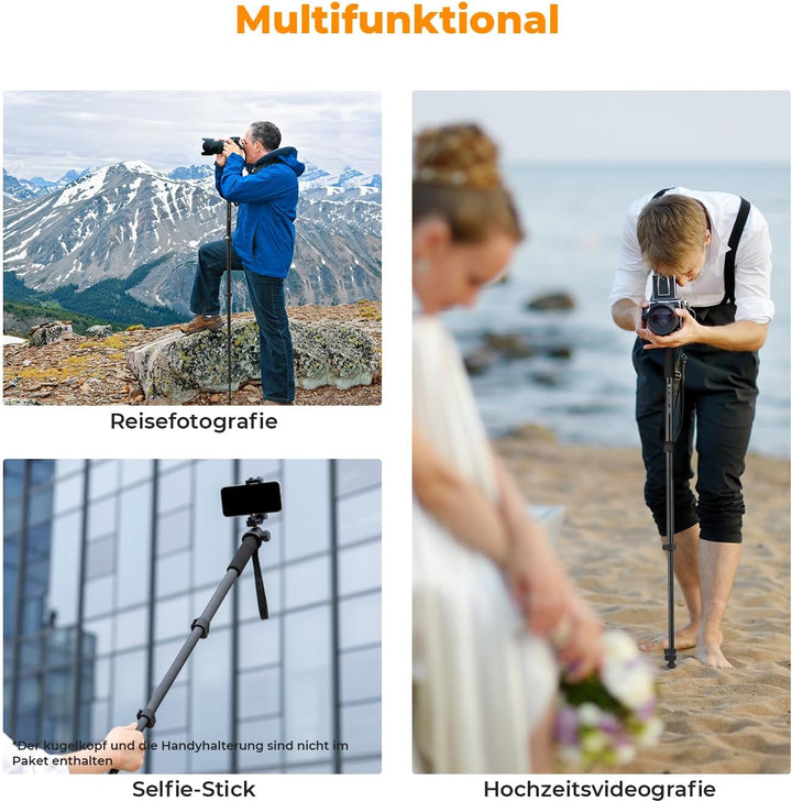 K&F Concept MS16 Einbeinstativ, 63 Zoll Monopod,Stabiles Aluminium-Einbeinstativ mit 5 Sektionen,160