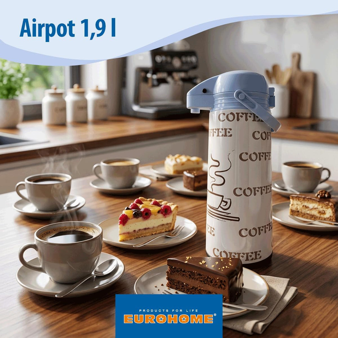 EUROHOME Airpot Pumpkanne 1,9L – Isolierkanne mit Pumpfunktion &amp; Glaseinsatz für langanhaltende Wärm