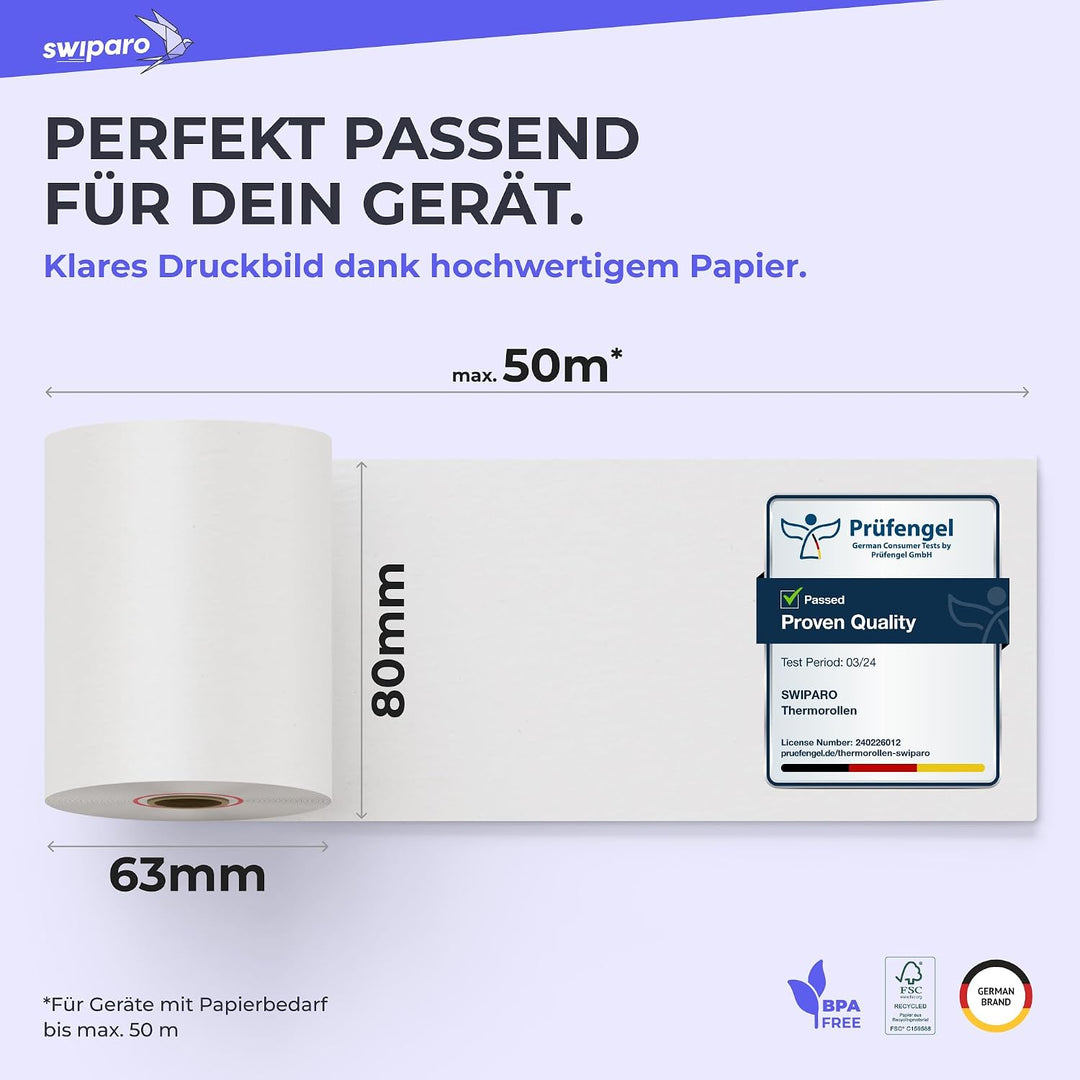 SWIPARO - Thermorollen 80mm x 50m x 12mm - Kassenrollen - Bonrollen zertifiziert für Registrierkasse