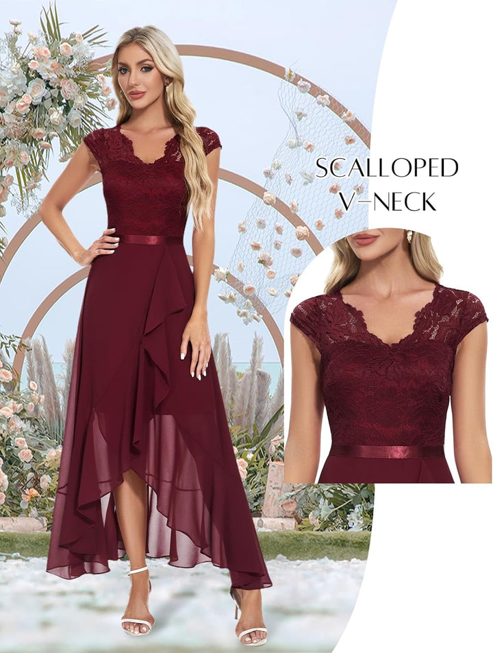 Bbonlinedress Abendkleider elegant für Hochzeit Spitzenkleid Chiffon Hi-Lo Kleid Brautjunferkleid Pa