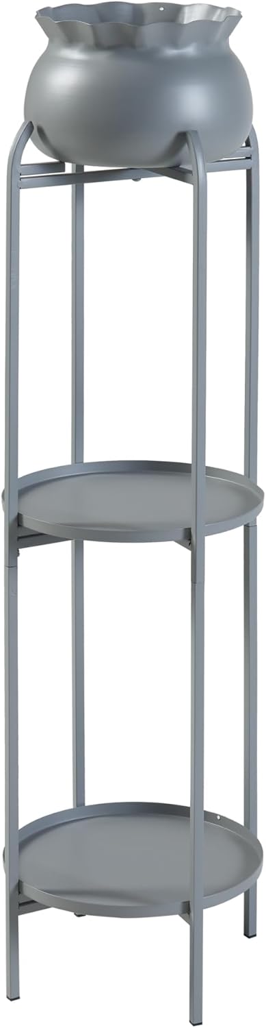 [en.casa] Blumenständer Altena Pflanzenständer mit Blumentopf und 2 Ablagen Metall Grau Pflanzenrega