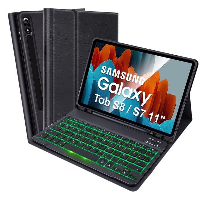 SOPPY Samsung Galaxy Tab S8/Tab S7 Hülle mit Tastatur, Kabellose 7-Farbige Beleuchtung Tastatur Hüll