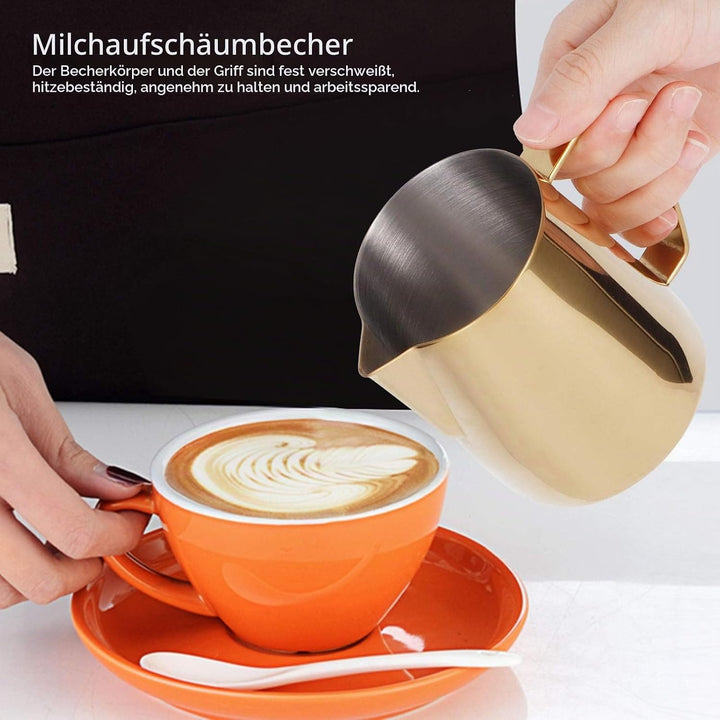 Milchschaum Krug, Gold Edelstahl Milchkännchen Aufschäumkännchen mit Spitzer Ausguss Kaffee Dampfkru