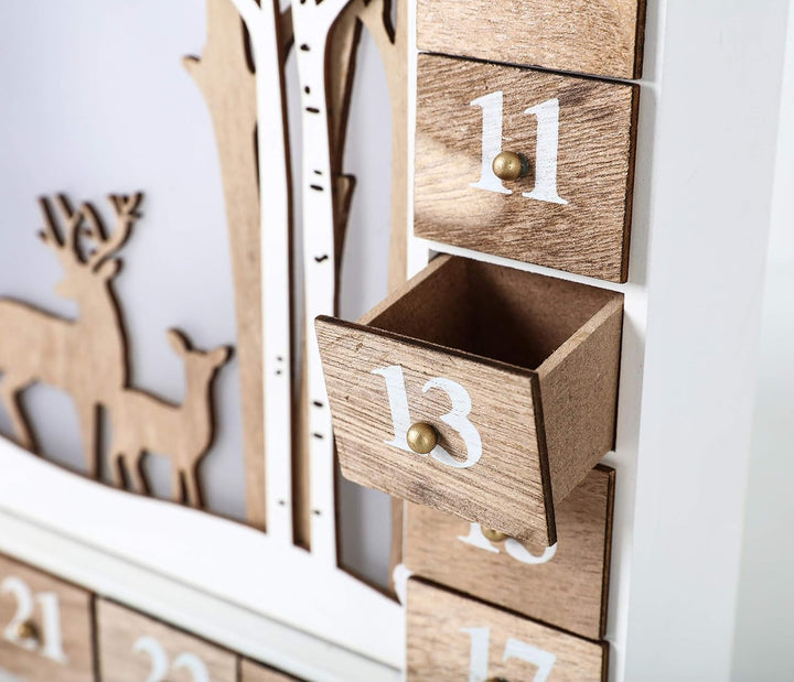 BRUBAKER Adventskalender aus Holz zum Befüllen - Weisse Winterlandschaft mit LED Beleuchtung - Wiede