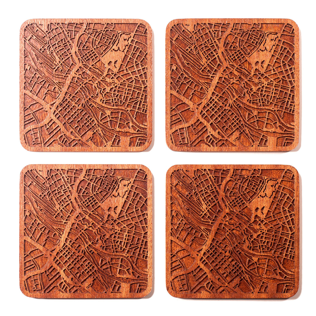 Bremen Untersetzer mit Landkarte aus Sapeli-Holz, 4 Stück, mit Stadtkarte, mehrere Stadt optional, h