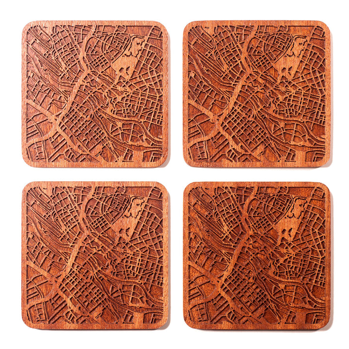 Bremen Untersetzer mit Landkarte aus Sapeli-Holz, 4 Stück, mit Stadtkarte, mehrere Stadt optional, h