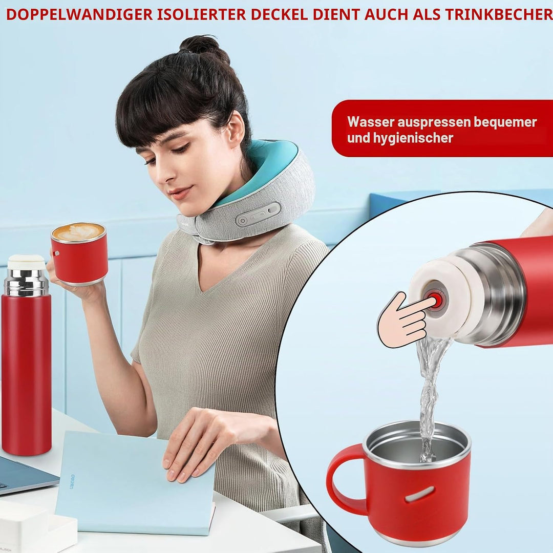 Thermosflasche Edelstahl, Thermoskanne 550ml mit Trinkbecher und Griff, Auslaufsichere Isolierte Tri