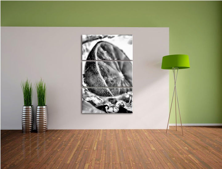 Pixxprint Limette fällt in Wasser / 3-Teilig/Gesamtmass 120cm Leinwandbild bespannt auf Holzrahmen/W