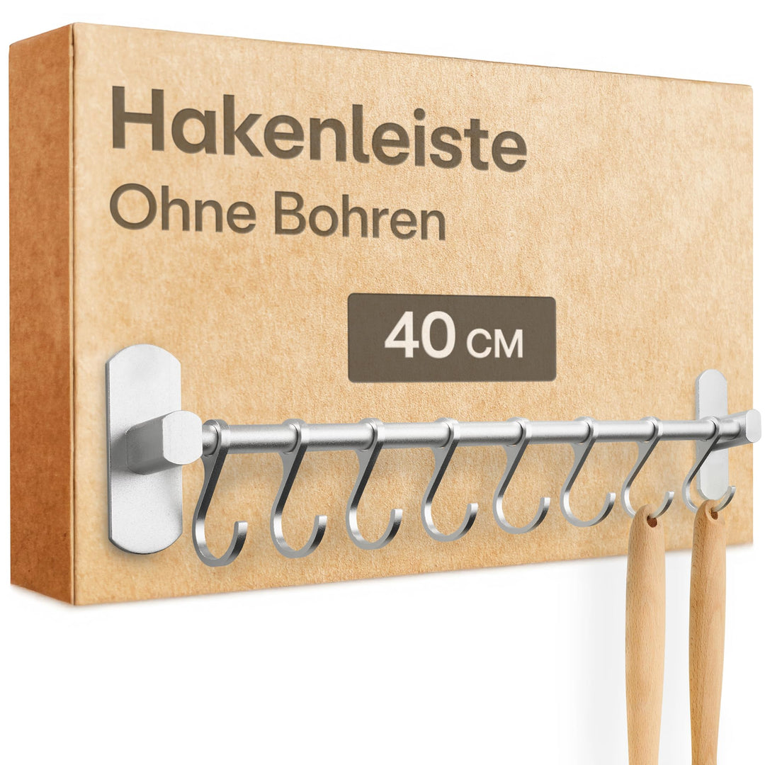 Hakenleiste für Küchenutensilien mit 8 Haken - Ohne Bohren - Selbstklebend - 40 cm - Verstellbar