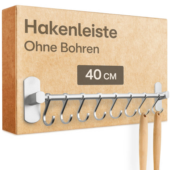 Hakenleiste für Küchenutensilien mit 8 Haken - Ohne Bohren - Selbstklebend - 40 cm - Verstellbar