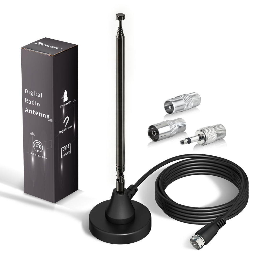 Bingfu DAB+ FM UKW Radio Antenne, Digitale Teleskopantenne mit Magnetfuss, 3m Koaxialkabel, Adapters