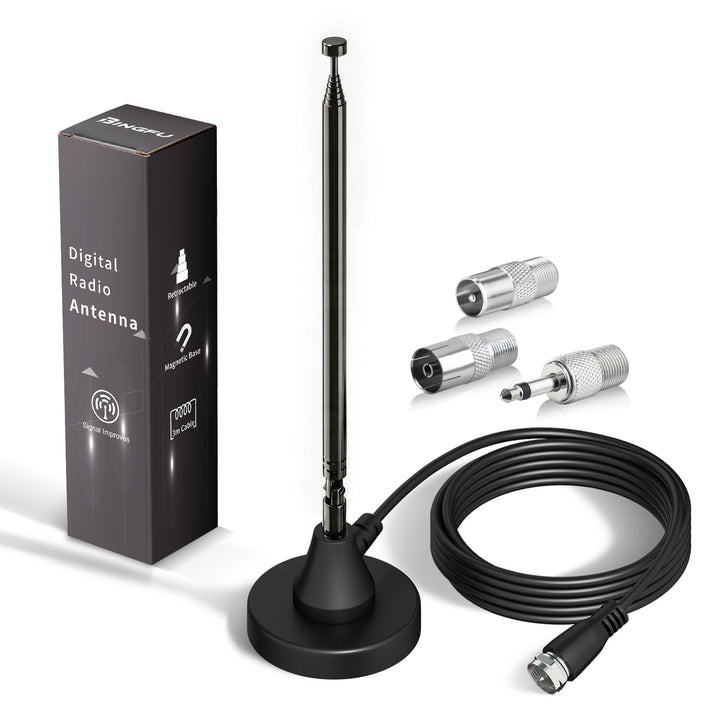 Bingfu DAB+ FM UKW Radio Antenne, Digitale Teleskopantenne mit Magnetfuss, 3m Koaxialkabel, Adapters