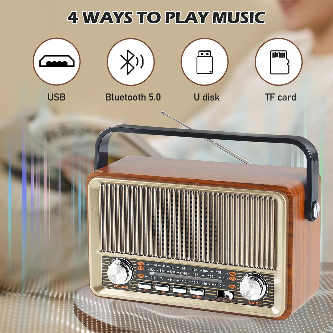 Retro Radio mit Bluetooth, Nostalgie Kofferradio Klein mit AM/FM/SW3, USB/TF/AUX, Wiederaufladbar, K