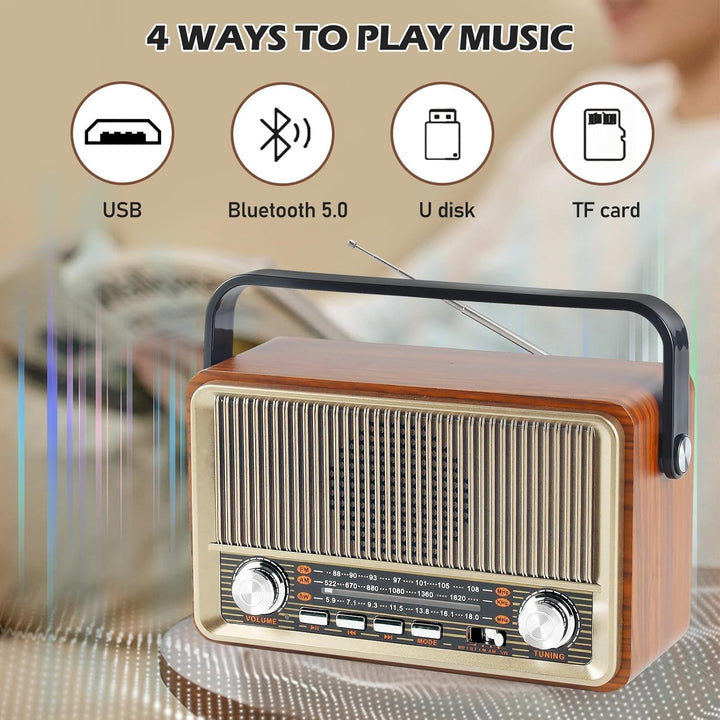 Retro Radio mit Bluetooth, Nostalgie Kofferradio Klein mit AM/FM/SW3, USB/TF/AUX, Wiederaufladbar, K