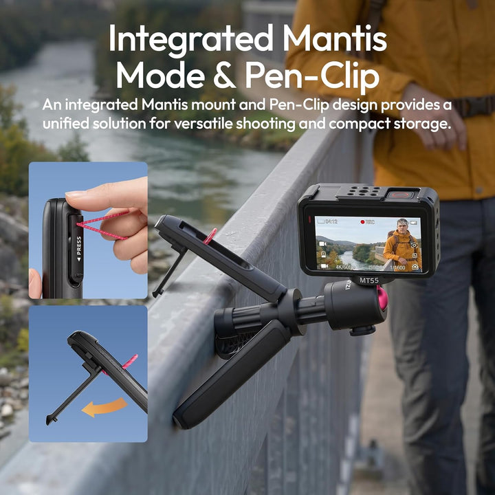 ULANZI MT55 SnapGo Mini Stativ & Selfie Stick, 4-in-1: Mantis/Rucksackgurt/Selfie/Stativ, 360° Kugel
