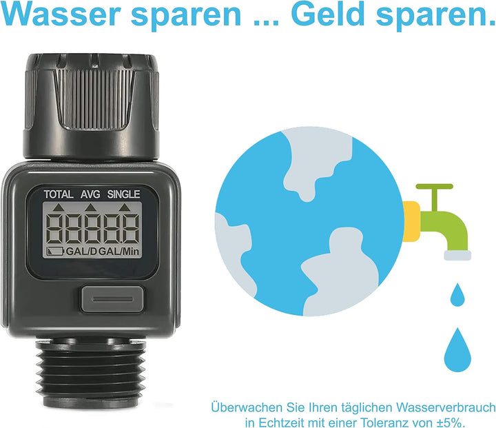 rainfactory Digitaler Wasserzähler, Wassermengenzähler mit LCD Display, Wasseruhr zur Kontrolle des