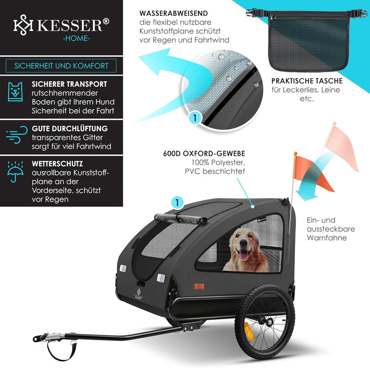 KESSER® Hundeanhänger Boxer 2-in-1 Hundebuggy Fahrradanhänger gross ca. 250L Volumen - Inkl. Fahne u