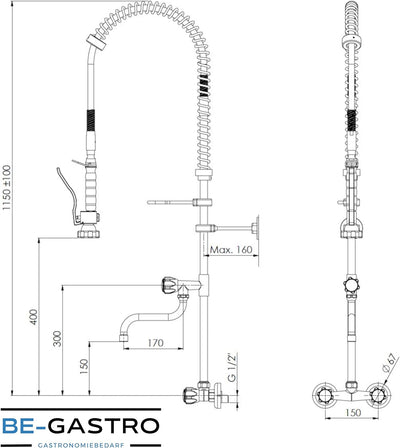 BE-GASTRO I Profi Gastro Geschirrbrause Zweiloch "Premium" Wandarmatur inkl. Wasserhahn, Mischbatter