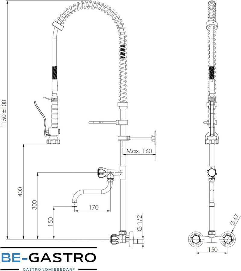 BE-GASTRO I Profi Gastro Geschirrbrause Zweiloch "Premium" Wandarmatur inkl. Wasserhahn, Mischbatter