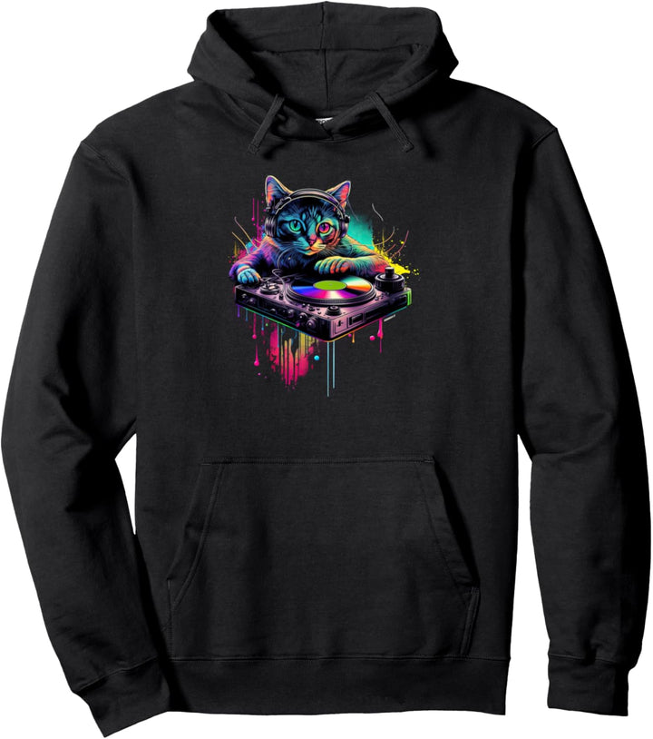 DJ Katze | Disco Katze | Schwarze Party Katze | Katzen Pullover Hoodie