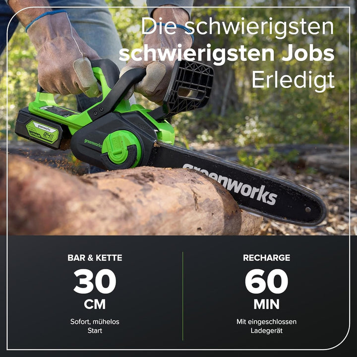 Greenworks Akku Kettensäge mit Akku und Ladegerät, 12 Zoll (30 cm) Blattlänge, 4,2 m/s Kettengeschwi