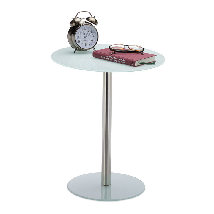Relaxdays, Weiss Runder Beistelltisch aus Glas und Edelstahl, dekorativer Loungetisch, HxBxT: 53 x 4