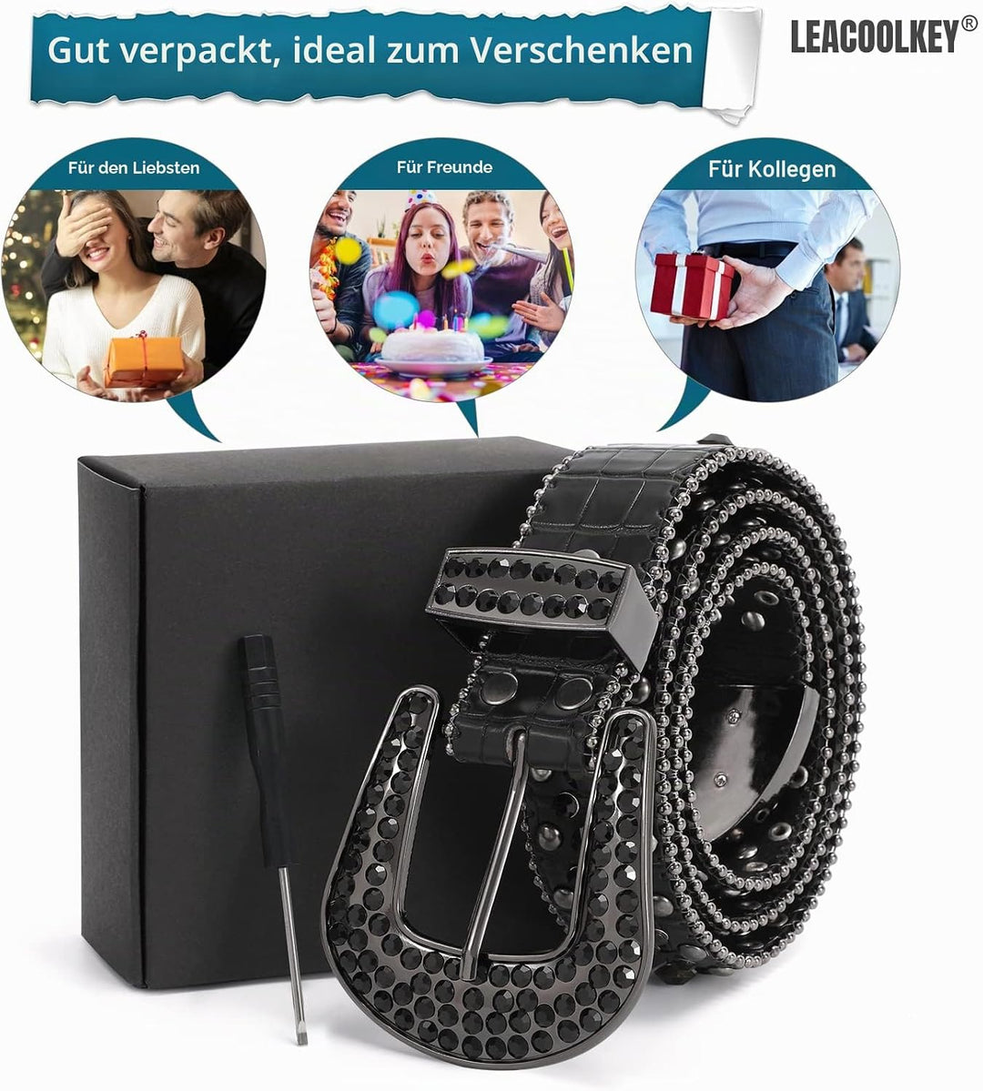 LEACOOLKEY Damen Männer Mode Strass Gürtel, Western Cowgirl Nieten Punk PU Ledergürtel für Jeans S:P