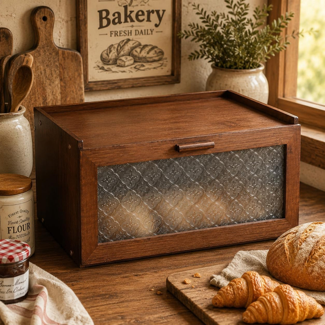 Bambus Brotkasten für Küche Aufbewahrungsbox Tansparent Fenster Brotkasten Stapelbar… (Braun), Braun