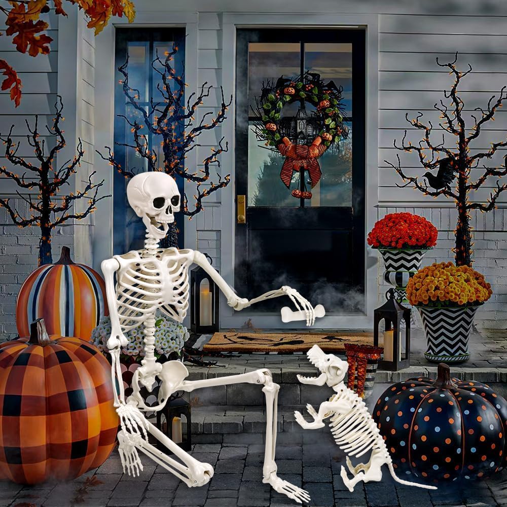 DIYDEC 165cm Halloween Bewegliches Skelett mit Hund, Ganzkörper Hunde Skelett Lebensgrosses Skelett
